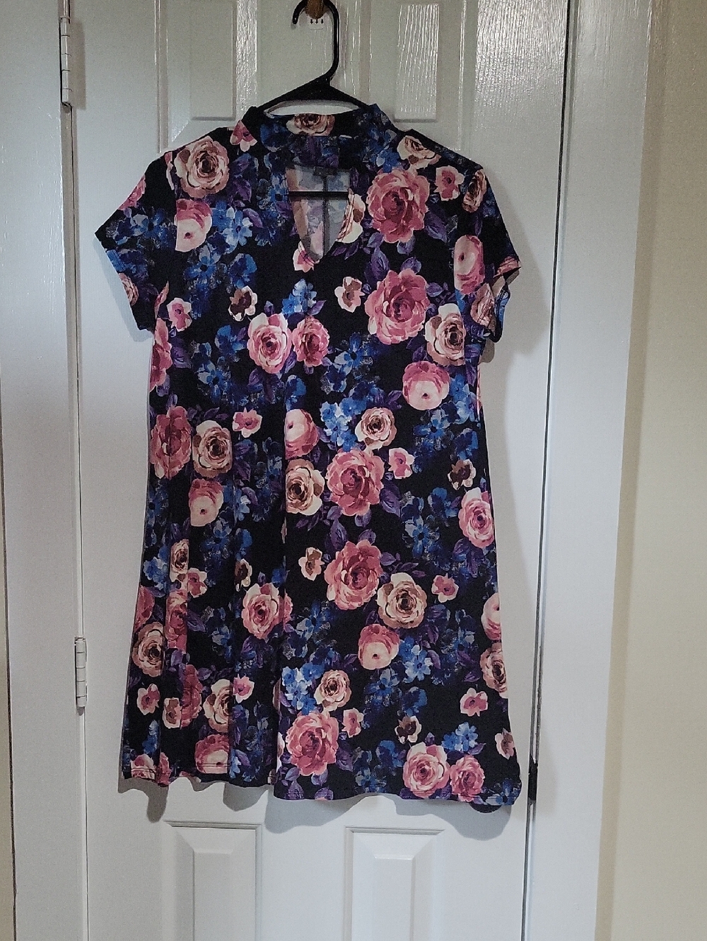 Joe Boxer Black Floral V-Neck Dress with Pink & Purple Roses